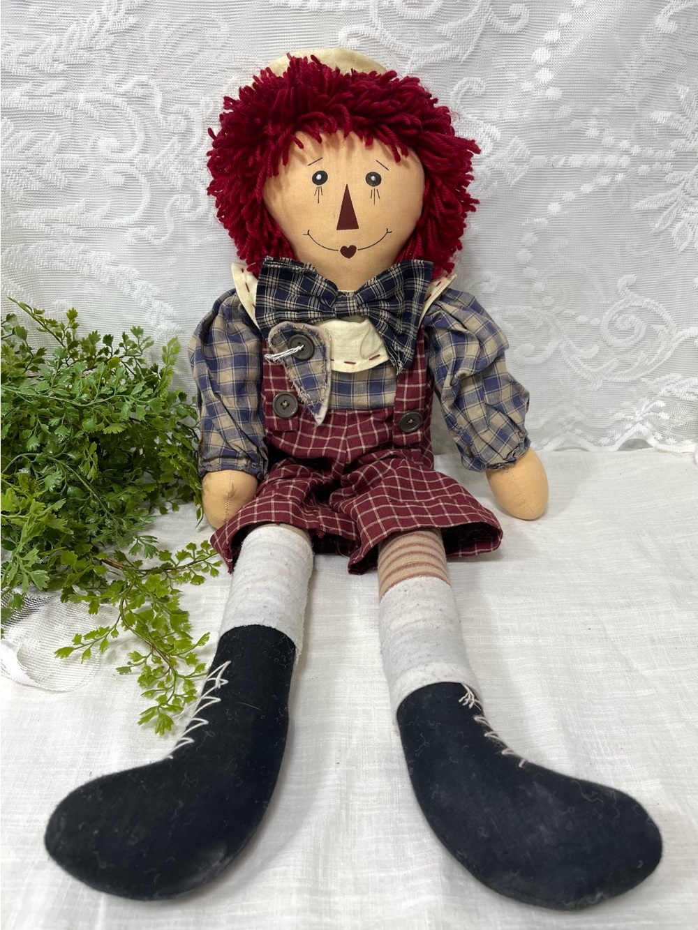 Raggedy Andy Doll Country Clothes Tea Stained Shelf Sitter Vtg 25 In